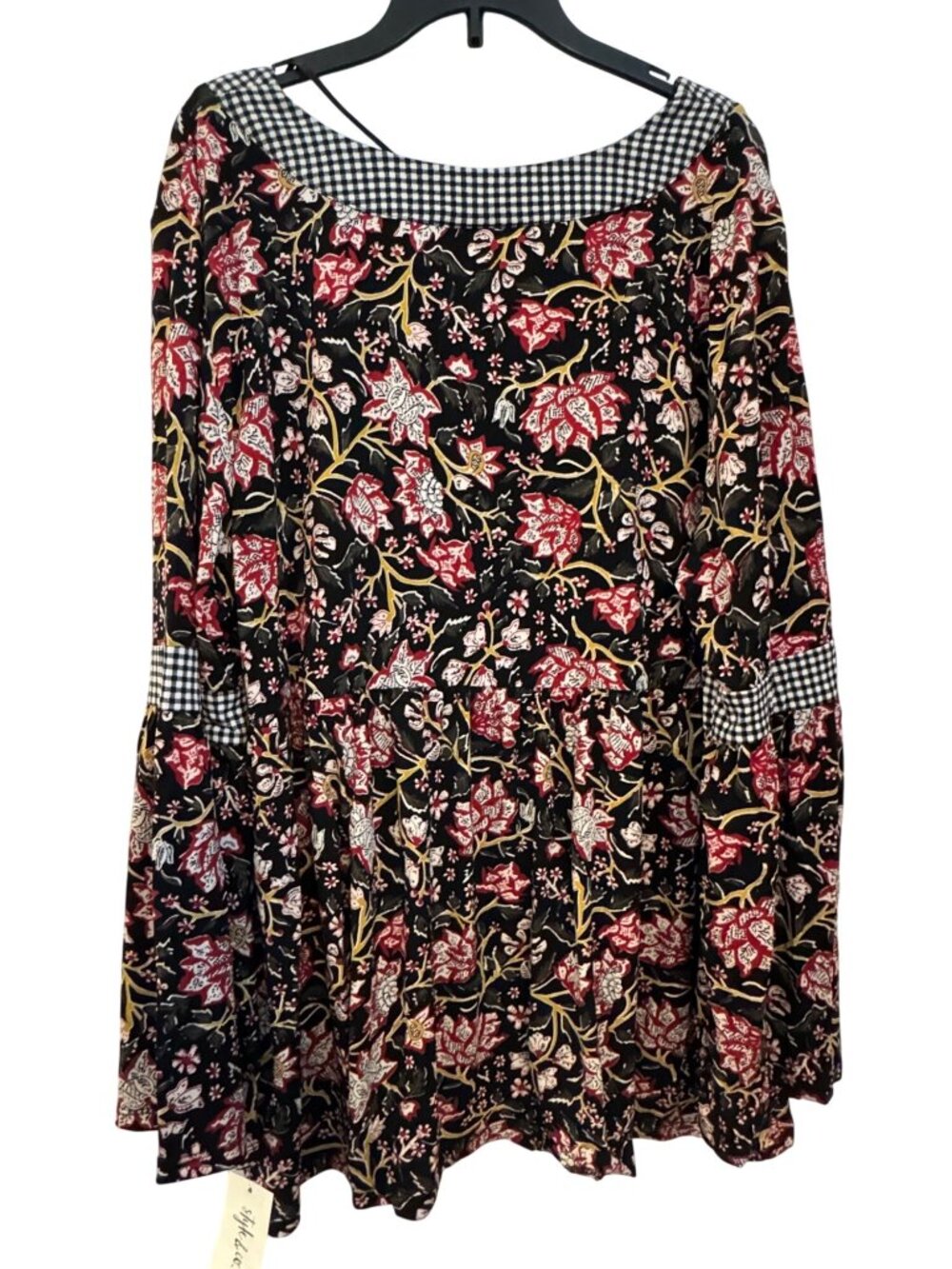 Style & Co XL Floral & Gingham Boho Tunic Top Black Red Polyester Blend - Picture 2 of 5